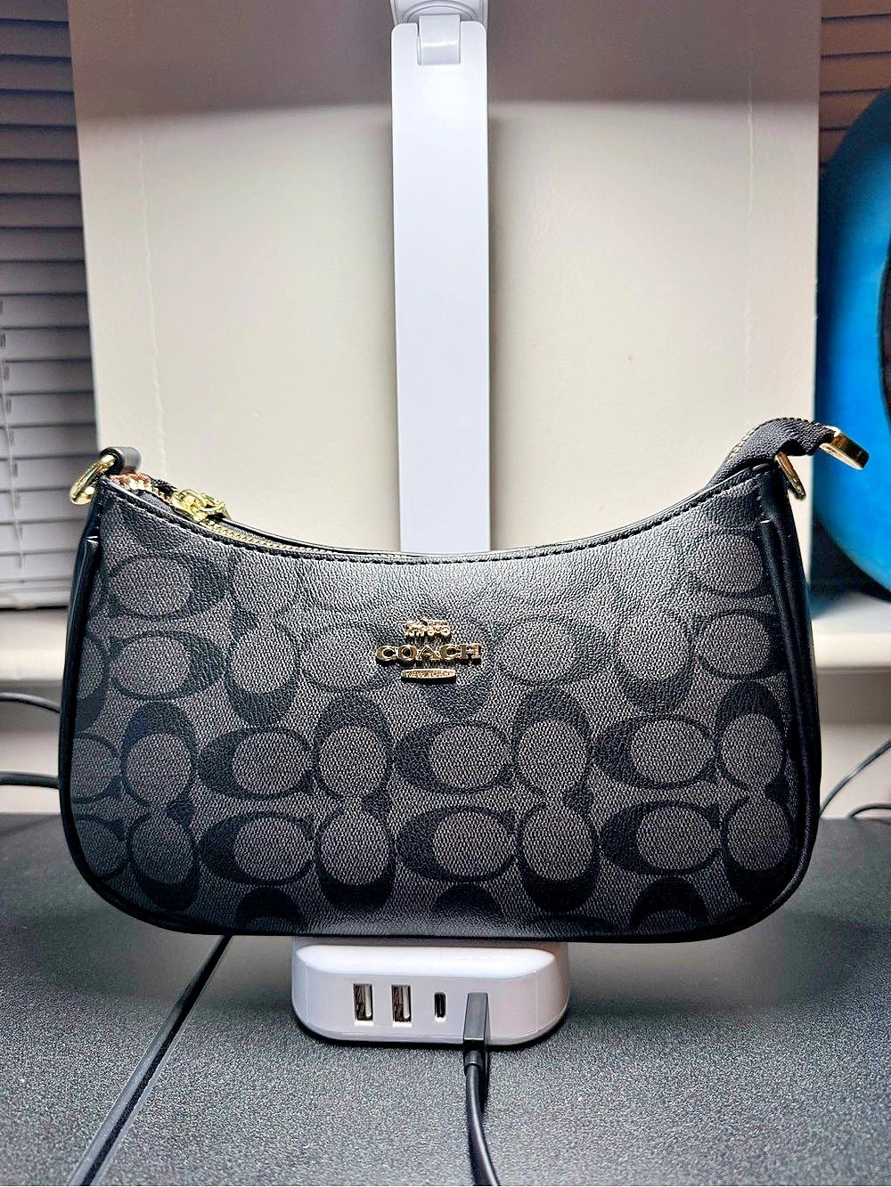 C Teri Shoulder Bag in Signature Canvas Black & Brown